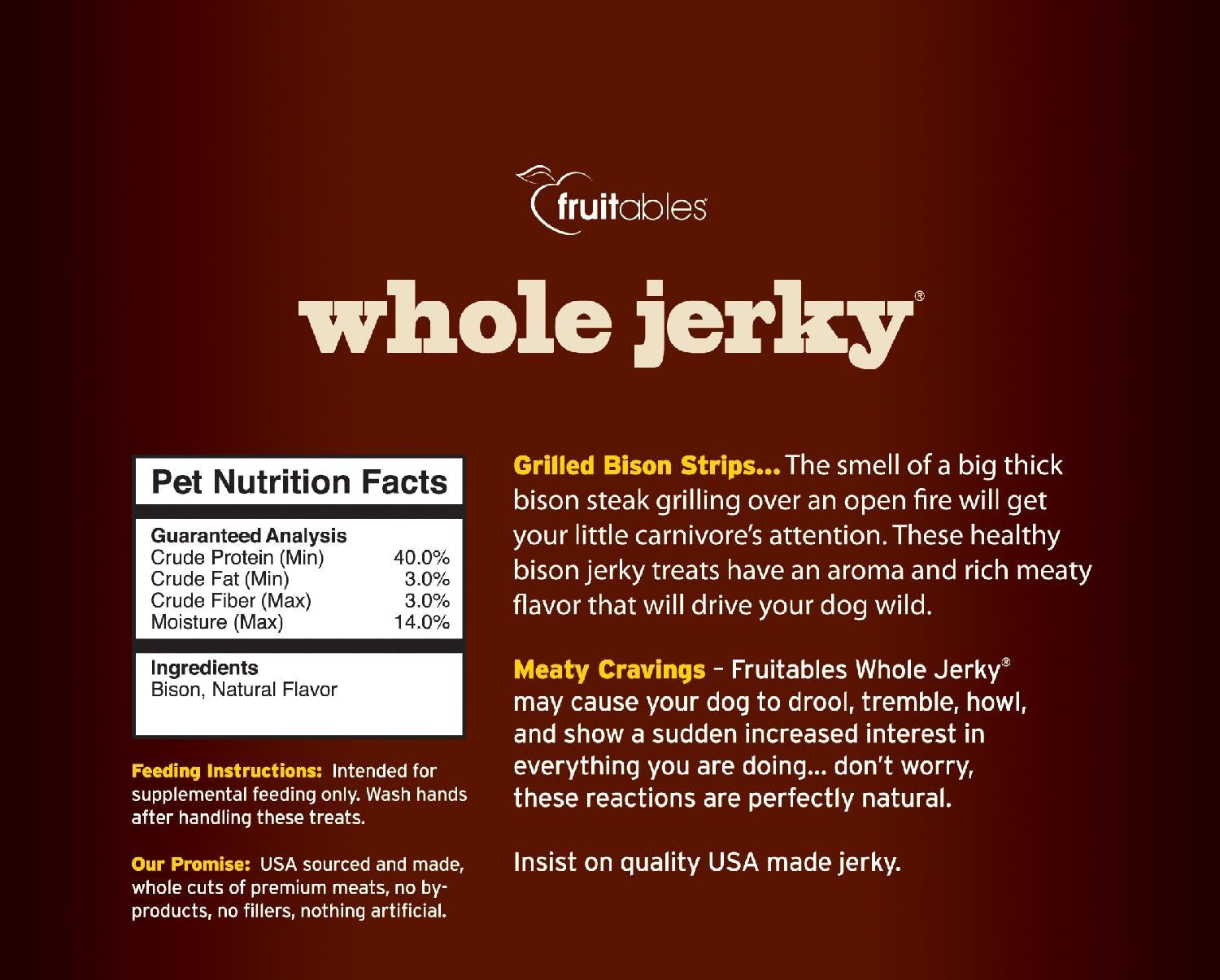 Premium Grilled Bision Whole Jerky Dog Treats - Grain Free, Gluten Free, No Fillers - 12 Ounces of Pure Meaty Goodness!